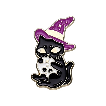 Magic Cat Metal Badge Alloy with Enamel Halloween Brooch, Hat, 33x19mm