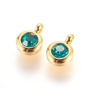 304 Stainless Steel Rhinestone Charms, December Birthstone Charms, Flat Round, Emerald, 9.3x6.5x4mm, Hole: 2mm