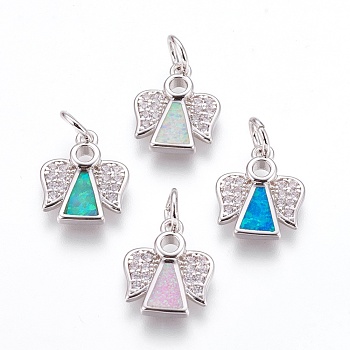 Brass Cubic Zirconia Pendants, with Synthetic Opal, Angel, Platinum, Mixed Color, 14.5x12x2.5mm, Hole: 4mm