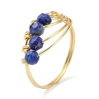 Natural Lapis Lazuli Round Beaded Finger Ring, Light Gold Copper Wire Wrapped Vortex Ring, US Size 8 1/2(18.5mm)