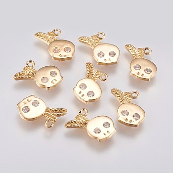 Brass Micro Pave Cubic Zirconia Charms, Skull, Real 18K Gold Plated, 13x12x1.5mm, Hole: 1mm