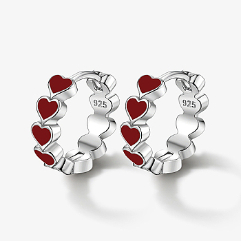 Rhodium Plated 925 Sterling Silver Huggie Hoop Earrings for Women, with S925 Stamp & Enamel, Ring with Heart, Platinum, Red, 15x14mm