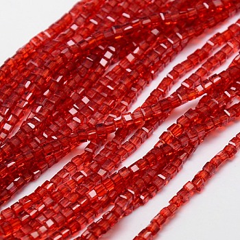Glass Beads Strands, Faceted, Cube, Red, 3x3x3mm, Hole: 1mm, about 98~100pcs/strand, 13.8 inch