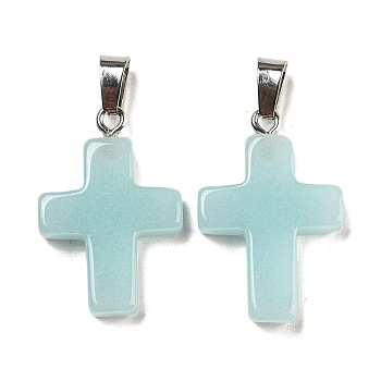 Synthetic Luminous Stone Dyed Pendants, Glow in the Dark Cross Charms with Platinum Plated Iron Snap on Bails, Aqua, 28x18x4.5mm, Hole: 7x4mm