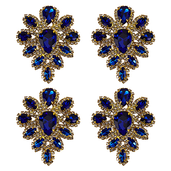 4Pcs Teardrop Shape Hotfix Rhinestone, Alloy Rhinestone Appliques, for DIY Bridal Dress, Shoes, Sapphire, 57x45mm