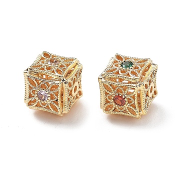 Brass Micro Pave Cubic Zirconia Beads, Hollow Cube, Real 18K Gold Plated, 10x10.5x10.5mm, Hole: 1.3mm