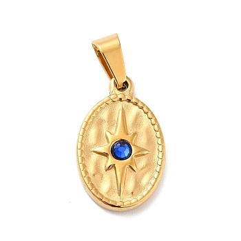 Vacuum Plating 304 Stainless Steel Pendants, with 201 Stainless Steel Snap On Bails and Sapphire Rhinestone, Oval with Star, Golden, 21x13x3.5mm, Hole: 6x4mm
