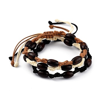 Adjustable Korean Waxed Polyester Cord Braided Bead Bracelets Sets, with Spray Painted Natural Maple Wood Barrel Beads, Mixed Color, Inner Diameter: 2~3-1/2 inch(5.2~9.1cm), 3pcs/set