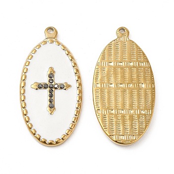 Vacuum Plating 201 Stainless Steel Enamel Pendants, with Rhinestones, Real 18K Gold Plated, Oval with Cross Charm, White, 33x16.5x2.5mm, Hole: 1.2mm