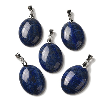 Natural Lapis Lazuli Pendants, Oval Charms with Rack Plating Platinum Plated Brass Snap on Bails, 30x21.5~22x6~6.5mm, Hole: 6x4mm