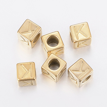 304 Stainless Steel Large Hole Letter European Beads, Horizontal Hole, Cube with Letter.K, Golden, 8x8x8mm, Hole: 5mm