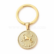 304 Stainless Steel Pendants Keychain, with 304 Stainless Steel Split Key Rings, Flat Round with Twelve Constellations, Aries, 6.2cm(KEYC-JKC00314-10)