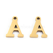 201 Stainless Steel Charms, Alphabet, Letter.A, 8.5x6.5x1mm, Hole: 1mm(STAS-N091-176A-LG)