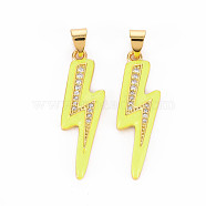 Brass Micro Pave Clear Cubic Zirconia Pendants, with Enamel, Nickel Free, Real 16K Gold Plated, Lightning, Champagne Yellow, 29x8.5x2.5mm, Hole: 3x4mm(KK-T013-16J-NF)