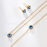 Evil Eye Stainless Steel Stud Earring & Bracelets & Necklaces Set, with Enamel, Real 18K Gold Plated, Necklaces: 420mm; Bracelets: 170mm; Earring: 7mm(LY5157-2)
