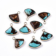 Fan Assembled Natural Bronzite and Synthetic Turquoise Pendants, with Iron Loop and Brass Edge, Light Gold, 18~19x18~19x5~6mm, Hole: 2mm(G-N330-023-A01)