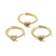 Rack Plating Brass Micro Pave Cubic Zirconia Adjustable Rings, Long-Lasting Plated, Lead Free & Cadmium Free, Heart, Mixed Color, US Size 7 1/4(17.5mm)(RJEW-H228-02G)