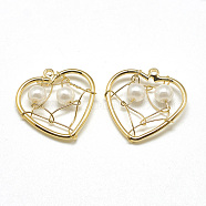 Brass Pendants, with ABS Plastic Imitation Pearl, Heart, Real 18K Gold Plated, 17x17x4mm, Hole: 1mm(KK-T032-036G)
