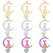 30Pcs 3 Colors 304 Stainless Steel Pendants, Halloween Style, Moon with Cat, Mixed Color, 16x10x1mm, Hole: 1.2mm, 10pcs/color(STAS-BBC0001-40)