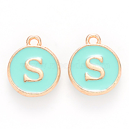 Golden Plated Alloy Enamel Charms, Cadmium Free & Lead Free, Enamelled Sequins, Flat Round with Letter, Turquoise, Letter.S, 14x12x2mm, Hole: 1.5mm(X-ENAM-S118-05S)