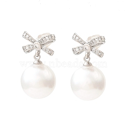 Bowknot Brass Micro Pave Cubic Zirconia Stud Earrings, with Plastic Pearl Beads, Long-Lasting Plated, Lead Free & Cadmium Free, Platinum, 23x11.5mm(EJEW-L270-010P)