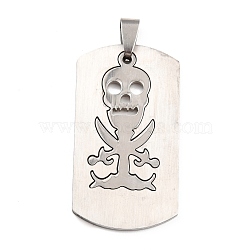 Titanium Steel Pendants, Split Dog Tag Pendant, Rectangle with Skull, Stainless Steel Color & Silver Color Plated, 50x24x1.5mm, Hole: 6x4mm(STAS-P298-05P)
