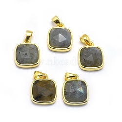 Natural Labradorite Pendants, with Golden Tone Brass Findings, Square, Faceted, 13x11x5mm, Hole: 3.5x5.5mm(G-O176K-09G)