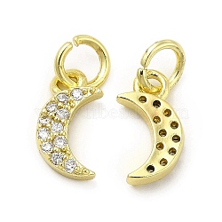 Brass Micro Pave Cubic Zirconia Charms, with Jump Ring, Moon Charm, Golden, 11x5.8x2.3mm, Hole: 2.5mm(KK-E068-VB250)