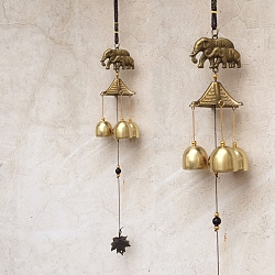 Alloy Wind Chimes Hanging Ornaments with Bell, Elephant, 430x62mm(WICH-PW0002-01A)