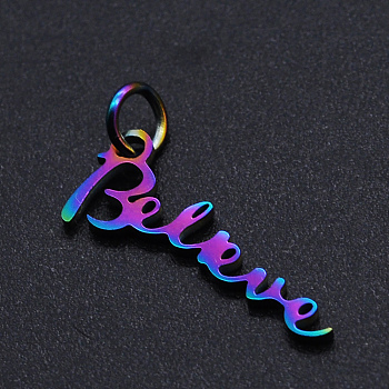 Ion Plating(IP) 201 Stainless Steel Pendants, Inspirational Message Pendants, with Jump Rings, Word Believe, Rainbow Color, 8x20x1mm, Hole: 3mm