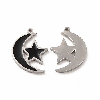 304 Stainless Steel Pendants, With Enamel, Moon With Star, Black, 15.5x11.5x1mm, Hole: 1.2mm
