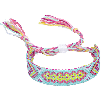 Polyester-cotton Braided Rhombus Pattern Cord Bracelet, Ethnic Tribal Adjustable Brazilian Bracelet for Women, Light Cyan, 5-7/8~11 inch(15~28cm)