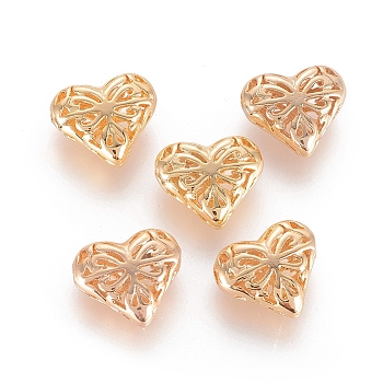 Brass Beads, Real 18K Gold Plated, Hollow, Heart, Golden, 11.5x13.5x5mm, Hole: 1mm