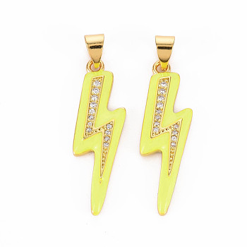 Brass Micro Pave Clear Cubic Zirconia Pendants, with Enamel, Nickel Free, Real 16K Gold Plated, Lightning, Champagne Yellow, 29x8.5x2.5mm, Hole: 3x4mm