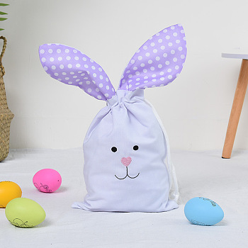 Easter Theme Plastic Storage Bags, Drawstring Rabbit Pouches, for Party Candy Packaging, Polka Dot Pattern Pattern, Lilac, 32x22cm