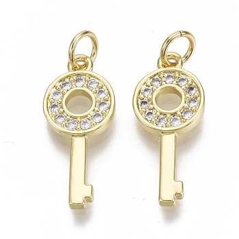 Brass Micro Pave Clear Cubic Zirconia Pendants, with Jump Rings, Key, Nickel Free, Real 18K Gold Plated, 20.5x9x2mm, Jump Rings: 5x1mm, Inner Diameter: 3mm