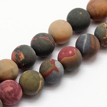 Natural Polychrome Jasper/Picasso Stone/Picasso Jasper Frosted Bead Strands, Round, 6mm, Hole: 1mm, about 30pcs/strand, 7.5 inch