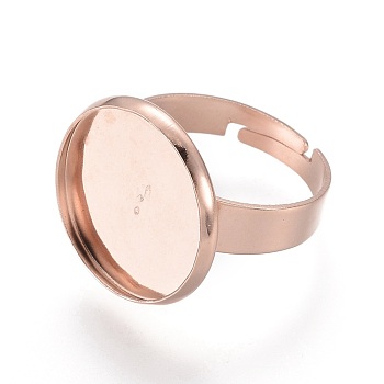 Adjustable 201 Stainless Steel Finger Rings Components, Pad Ring Base Findings, Flat Round, Rose Gold, Size 7, 17~17.5mm, Tray: 16mm