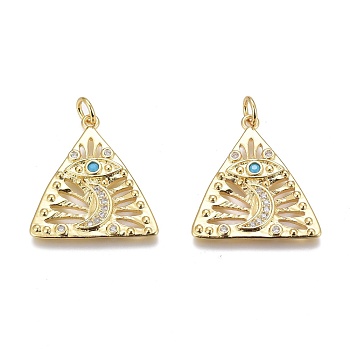 Brass Micro Pave Clear Cubic Zirconia Pendants, Long-Lasting Plated, with Jump Rings, Triangle with Star & Evil Eye, Real 18K Gold Plated, 23x21x2mm, Hole: 3mm