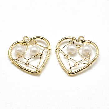 Brass Pendants, with ABS Plastic Imitation Pearl, Heart, Real 18K Gold Plated, 17x17x4mm, Hole: 1mm