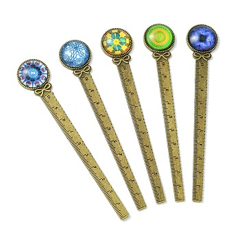 Mosaic Printed Glass Cabochons Bookmarks, Tibetan Style Alloy Bookmark Rulers, Antique Bronze, 129x22mm