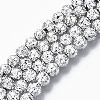 Electroplated Natural Lava Rock Beads Strands, Round, Bumpy, Silver, 6.5mm, Hole: 1mm, about 60pcs/Strand, 14.96 inch(38cm)