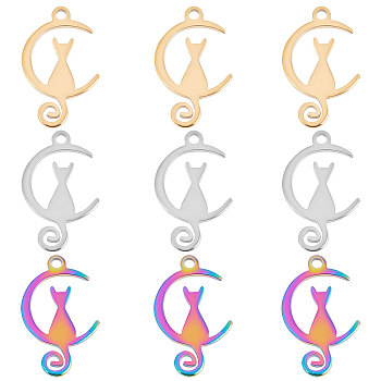 30Pcs 3 Colors 304 Stainless Steel Pendants, Halloween Style, Moon with Cat, Mixed Color, 16x10x1mm, Hole: 1.2mm, 10pcs/color