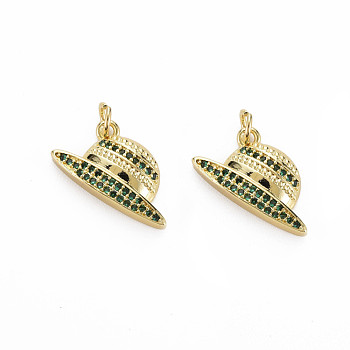 Brass Micro Pave Cubic Zirconia Pendants, Nickel Free, Real 18K Gold Plated, Hat Shapes, Green, 11x19x4mm, Jump Ring: 5x0.8mm, Inner Diameter: 3mm