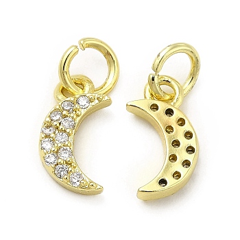 Brass Micro Pave Cubic Zirconia Charms, with Jump Ring, Moon Charm, Golden, 11x5.8x2.3mm, Hole: 2.5mm