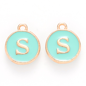 Golden Plated Alloy Enamel Charms, Cadmium Free & Lead Free, Enamelled Sequins, Flat Round with Letter, Turquoise, Letter.S, 14x12x2mm, Hole: 1.5mm