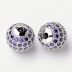 Brass Cubic Zirconia Beads, Round, Purple, Platinum, 10mm(X-ZIRC-D009-01P)