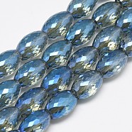 Electroplate Glass Beads Strands, Rainbow Plated, Faceted, Oval, Dodger Blue, 11~12x8mm, Hole: 1mm, about 60pcs/strand, 27.56 inch(EGLA-Q089-A05)