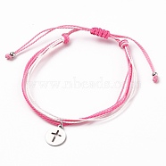 Waxed Polyester Cord Braided Bracelets, with Brass Beads, 304 Stainless Steel Charms, Flat Round with Cross, Pink, Inner Diameter: 2~3-3/4 inch(5.2~9.6cm)(BJEW-JB05663-05)