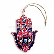 Wood Hamsa Hand/Hand of Miriam with Evil Eye Hanging Ornament, for Car Rear View Mirror Decoration, Cerise, 90x65mm(WG46204-01)